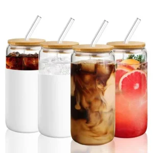 350ml 500ml Glass Cup with Bamboo Lid and Straw
