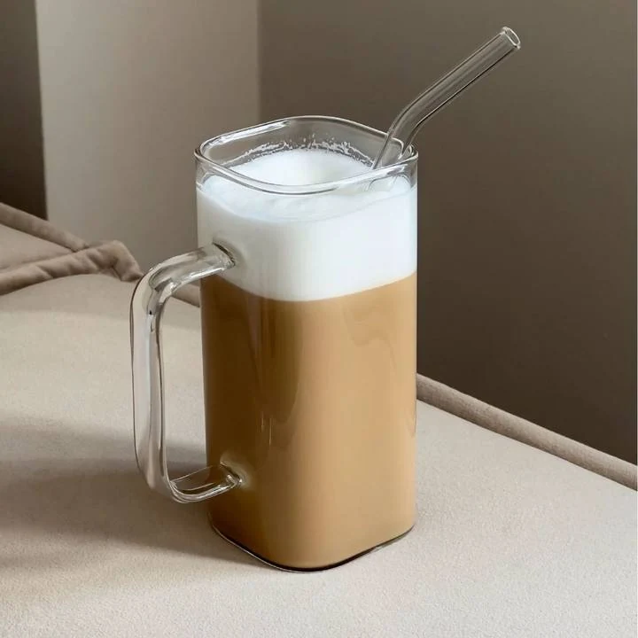 380ml Square Borosilicate Glass Cup with Handle