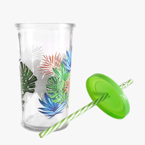 420ML Glass Juice Cups with Straw and Lids