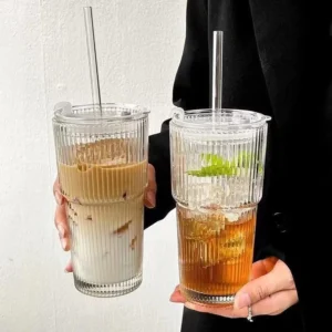 600ml Large Glass Cup with Lid and Straw for Office