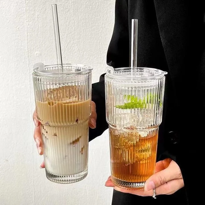 600Ml Large Glass Cup With Lid And Straw For Office