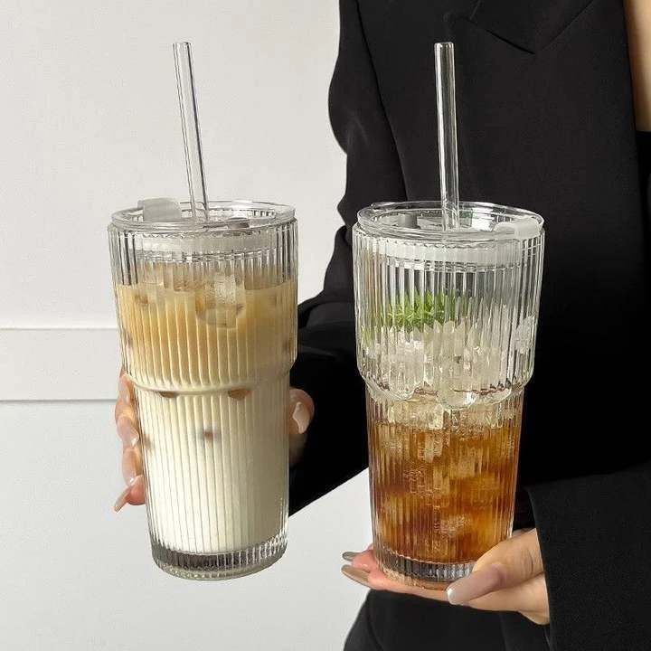 600Ml Solid Color Vertical Glass Tumbler With Straw