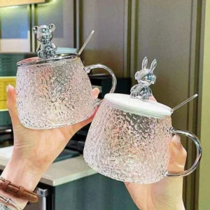 Glass Water Cup with Handle and Lid for Office Use