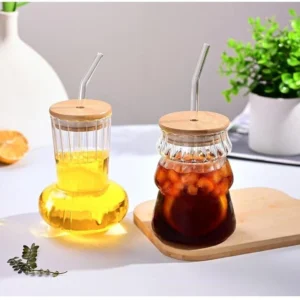 Striped Borosilicate Glass Cup with Bamboo Lid and Straw