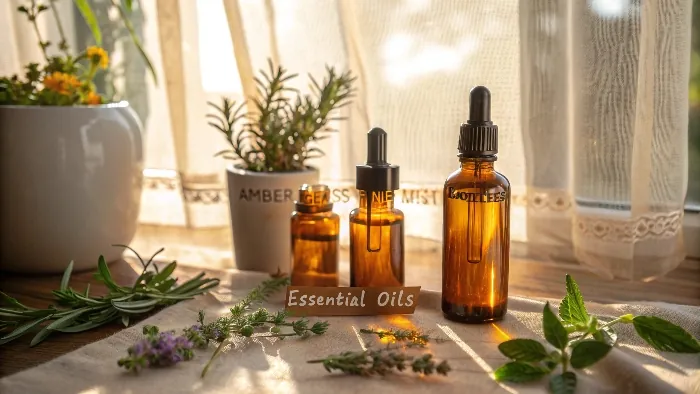 Amber glass dropper bottles with herbs