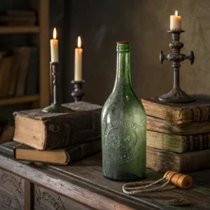 Antique wine bottle with seal beside old books