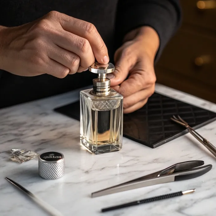 craftsman assembling square perfume bottle