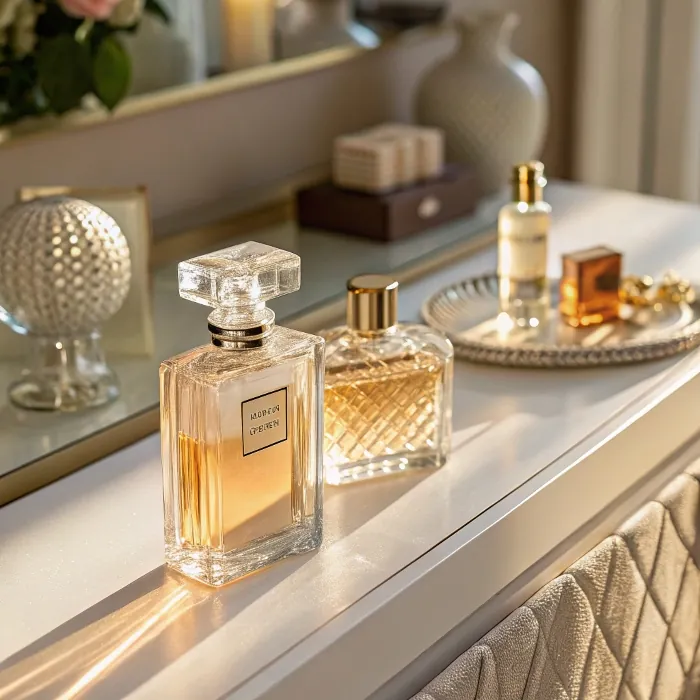 crystal perfume bottles on vanity table