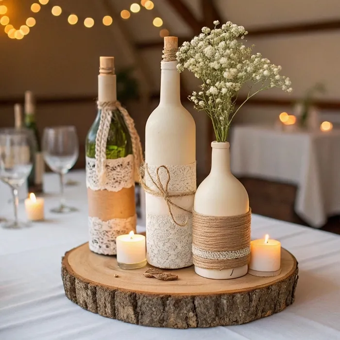 Decorative glass bottles with lace and twine