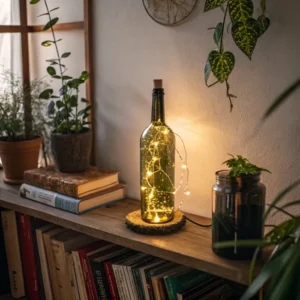 glass bottle lamp with string lights