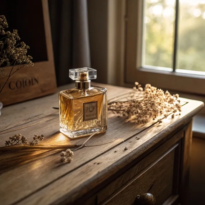 glass perfume bottle on wooden table