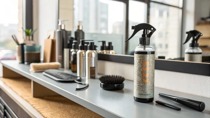 Hair spray bottle on salon shelf