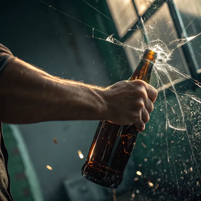 hand smashing glass bottle on window
