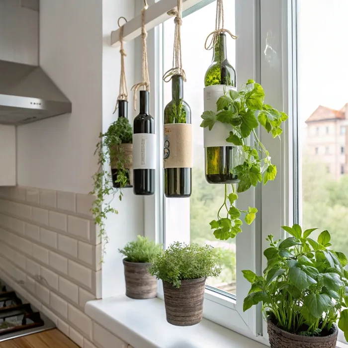 Hanging glass bottles with growing herbs