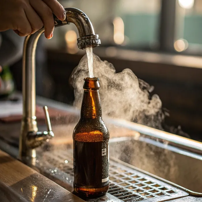 hot water rinsing amber glass bottle