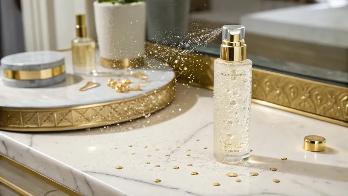 Luxury glass spray bottle on vanity
