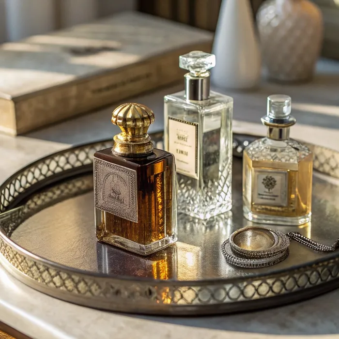 luxury vintage perfume bottles on tray