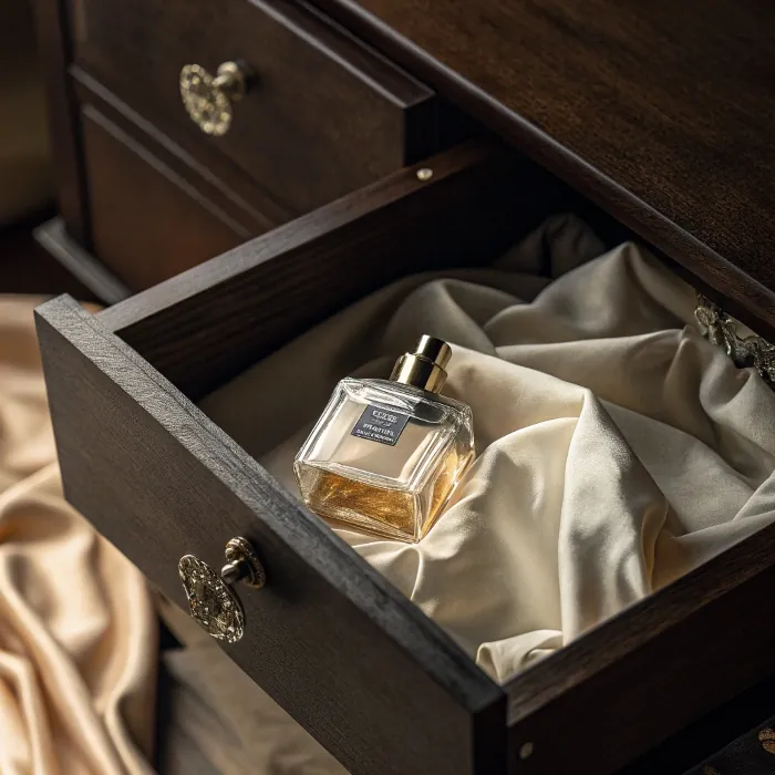 perfume bottle in silk-lined drawer