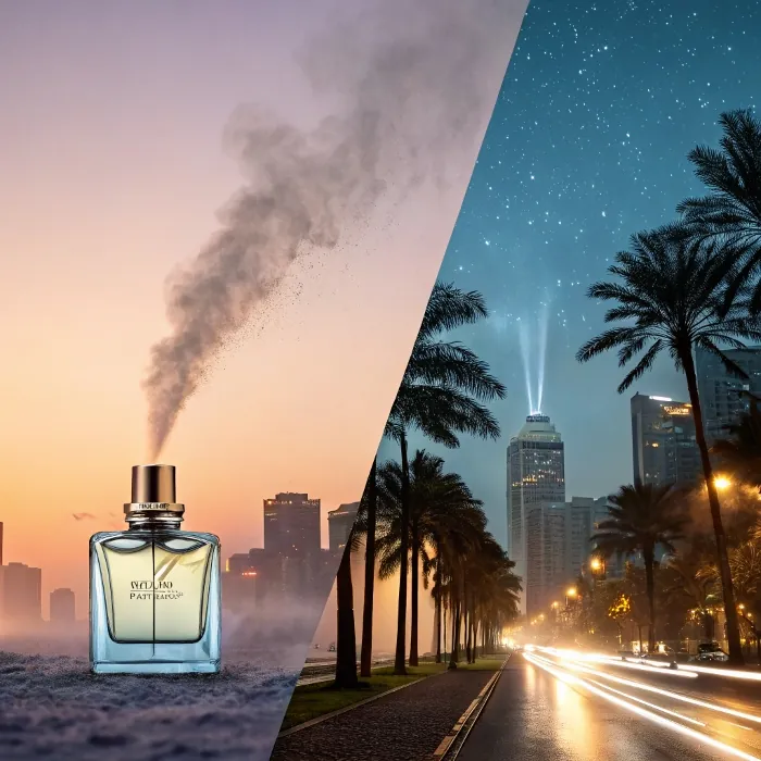 perfume bottle spraying mist in cityscape