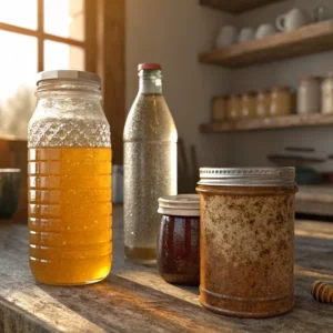 Tall ribbed honey jar with lid in rustic kitchen