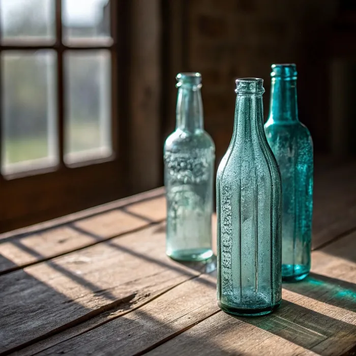 Three antique soda bottles on rustic wooden table
